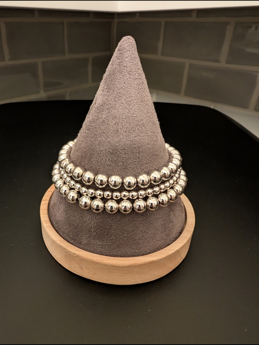 Silver Toned Triple Row Beaded  Bracelet. One Piece T-bar Toggle Clasp